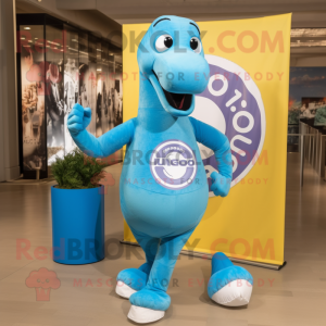 Sky Blue Diplodocus mascot costume character dressed with a Running Shorts and Watches
