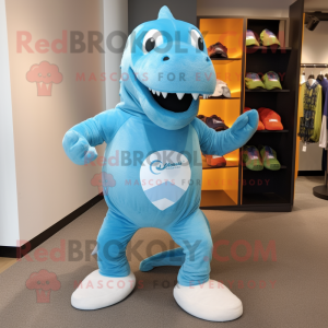 Sky Blue Diplodocus mascot costume character dressed with a Running Shorts and Watches