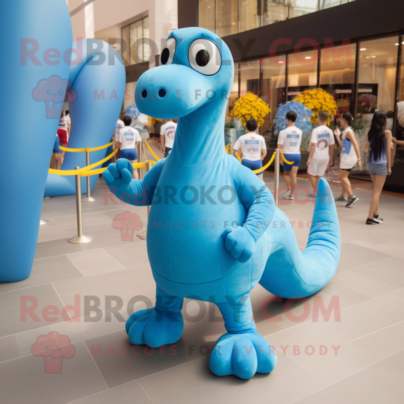 Sky Blue Diplodocus mascot costume character dressed with a Running Shorts and Watches