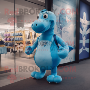 Sky Blue Diplodocus mascot costume character dressed with a Running Shorts and Watches