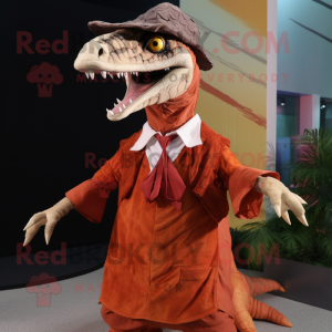 Rust Spinosaurus mascot costume character dressed with a Blouse and Caps