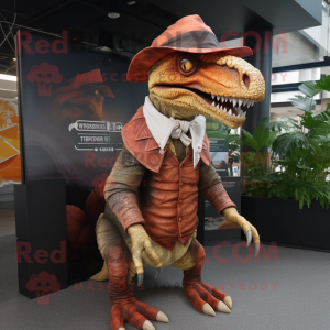 Rust Spinosaurus mascot costume character dressed with a Blouse and Caps