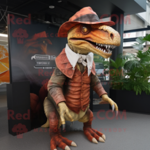 Rust Spinosaurus mascot costume character dressed with a Blouse and Caps