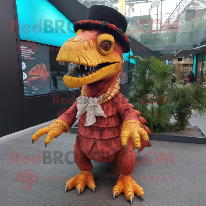 Rust Spinosaurus mascot costume character dressed with a Blouse and Caps Rust Spinosaurus mascot costume character dressed with a Blouse and Caps