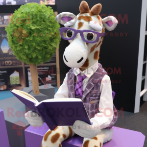 Lavender Giraffe mascot costume character dressed with a Waistcoat and Reading glasses