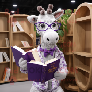 Lavender Giraffe mascot costume character dressed with a Waistcoat and Reading glasses