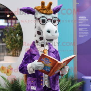 Lavender Giraffe mascot costume character dressed with a Waistcoat and Reading glasses