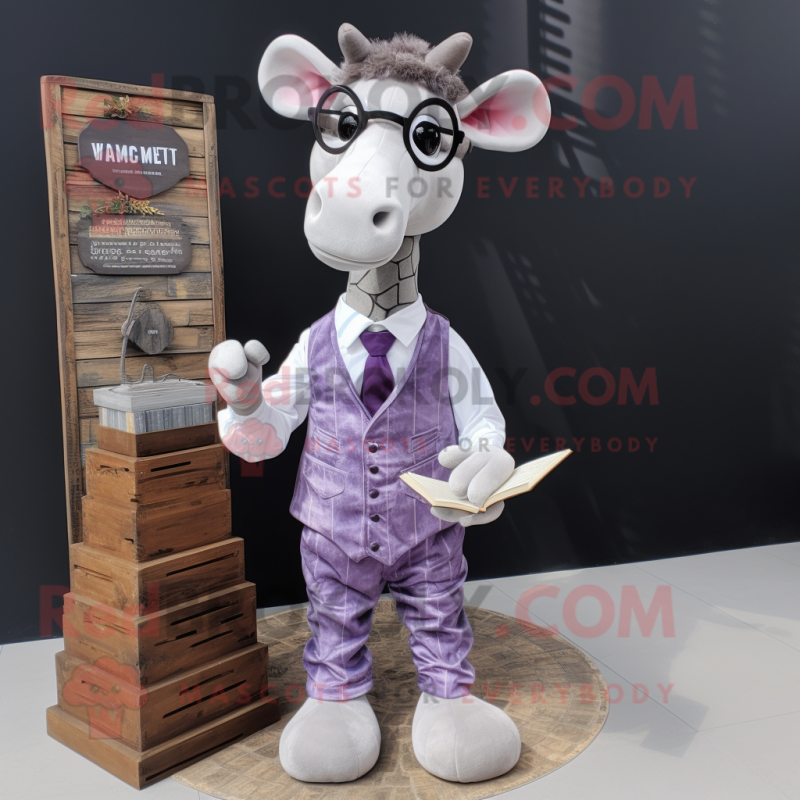 Lavender Giraffe mascot costume character dressed with a Waistcoat and Reading glasses