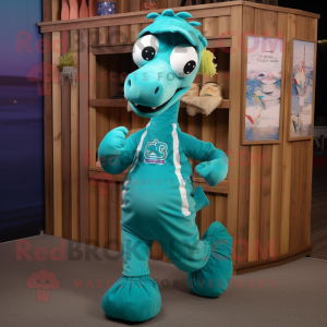 Teal Sea Horse mascot costume character dressed with a Running Shorts and Caps