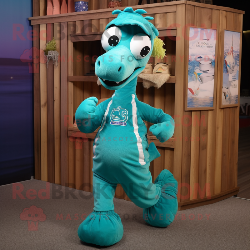 Teal Sea Horse mascot costume character dressed with a Running Shorts and Caps Teal Sea Horse mascot costume character dressed with a Running Shorts and Caps