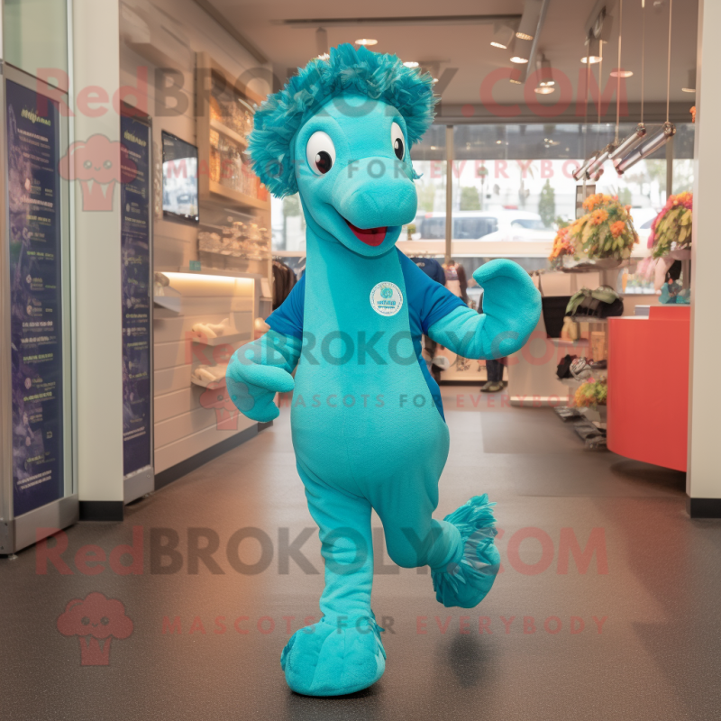 Teal Sea Horse mascot costume character dressed with a Running Shorts and Caps Teal Sea Horse mascot costume character dressed with a Running Shorts and Caps