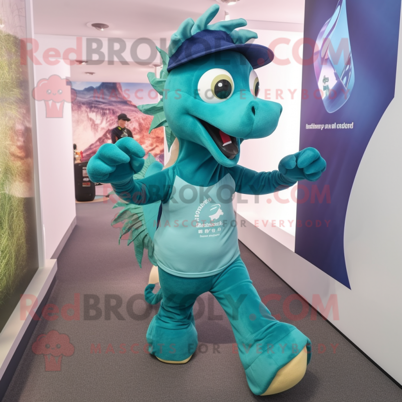 Teal Sea Horse mascot costume character dressed with a Running Shorts and Caps Teal Sea Horse mascot costume character dressed with a Running Shorts and Caps