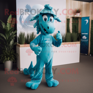 Teal Sea Horse mascot costume character dressed with a Running Shorts and Caps
