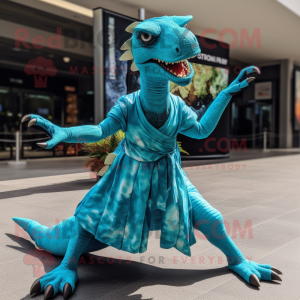 Turquoise Velociraptor mascot costume character dressed with a Maxi Dress and Foot pads