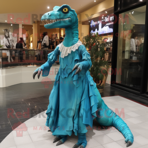 Turquoise Velociraptor mascot costume character dressed with a Maxi Dress and Foot pads