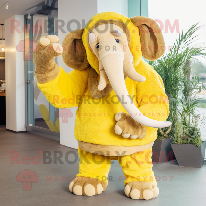 Lemon Yellow Mammoth mascot costume character dressed with a Romper and Mittens Lemon Yellow Mammoth mascot costume character dressed with a Romper and Mittens