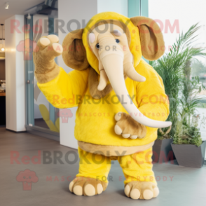 Lemon Yellow Mammoth mascot costume character dressed with a Romper and Mittens