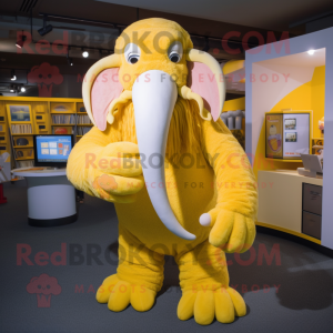 Lemon Yellow Mammoth mascot costume character dressed with a Romper and Mittens