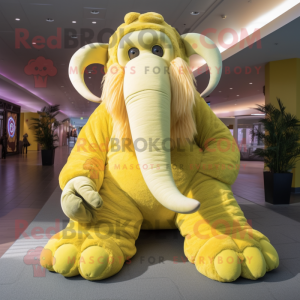 Lemon Yellow Mammoth mascot costume character dressed with a Romper and Mittens