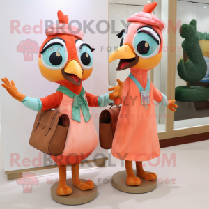 Peach Woodpecker mascot costume character dressed with a Shift Dress and Handbags