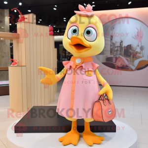 Peach Woodpecker mascot costume character dressed with a Shift Dress and Handbags