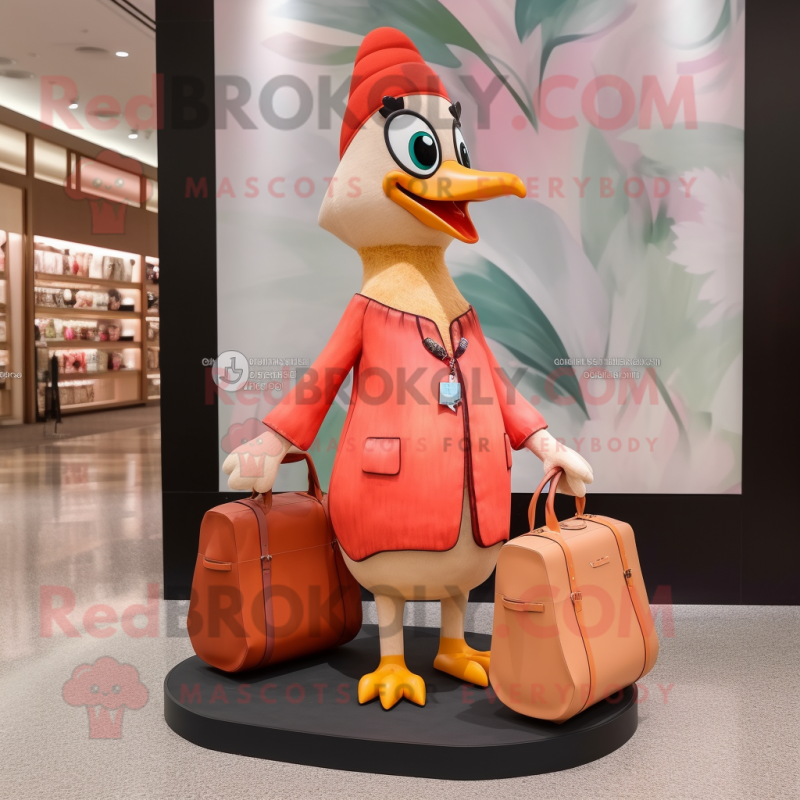 Peach Woodpecker mascot costume character dressed with a Shift Dress and Handbags Peach Woodpecker mascot costume character dressed with a Shift Dress and Handbags