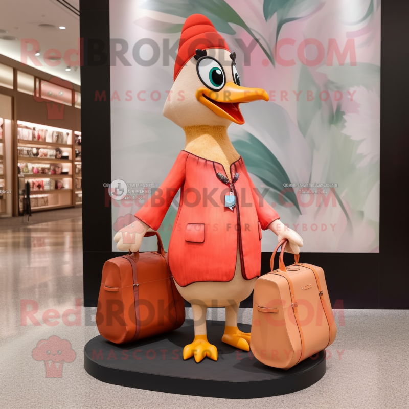 Peach Woodpecker mascot costume character dressed with a Shift Dress and Handbags