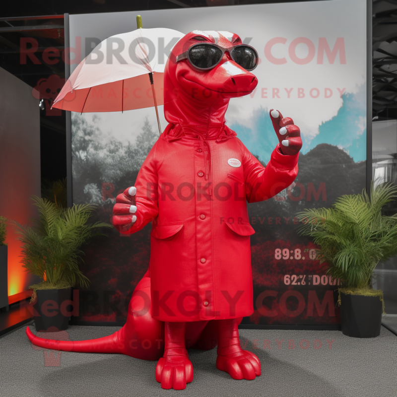 Red Diplodocus mascot costume character dressed with a Raincoat and Sunglasses Red Diplodocus mascot costume character dressed with a Raincoat and Sunglasses