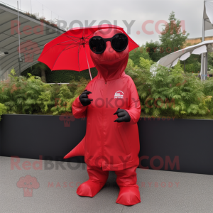 Red Diplodocus mascot costume character dressed with a Raincoat and Sunglasses