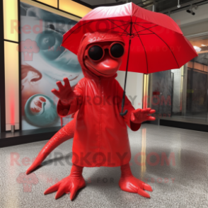 Red Diplodocus mascot costume character dressed with a Raincoat and Sunglasses