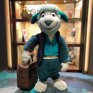 Teal Merino Sheep mascot costume character dressed with a Corduroy Pants and Handbags