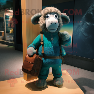 Teal Merino Sheep mascot costume character dressed with a Corduroy Pants and Handbags