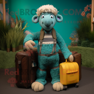 Teal Merino Sheep mascot costume character dressed with a Corduroy Pants and Handbags