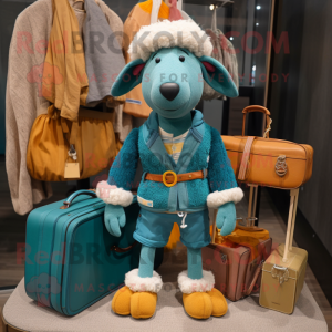 Teal Merino Sheep mascot costume character dressed with a Corduroy Pants and Handbags