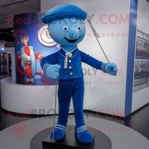 Blue Tightrope Walker mascot costume character dressed with a Trousers and Brooches