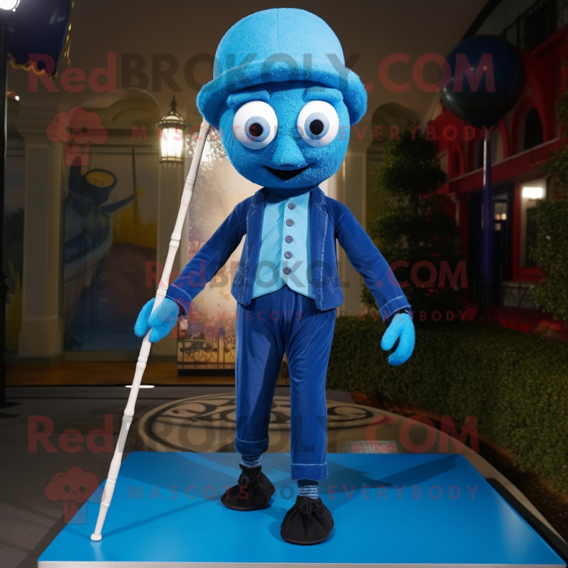 Blue Tightrope Walker mascot costume character dressed with a Trousers and Brooches