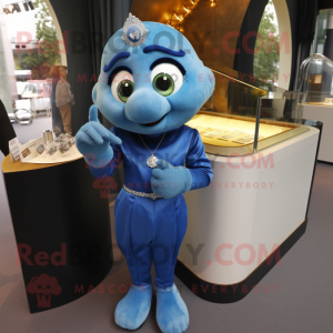 Blue Engagement Ring mascot costume character dressed with a Jumpsuit and Brooches