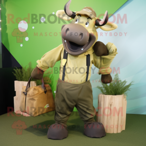 Olive Bull mascot costume character dressed with a Cargo Pants and Tote bags