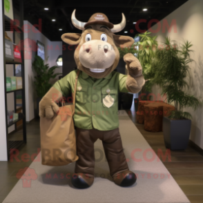 Olive Bull mascot costume character dressed with a Cargo Pants and Tote bags
