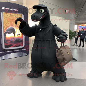 Black Brachiosaurus mascot costume character dressed with a Coat and Messenger bags