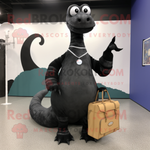 Black Brachiosaurus mascot costume character dressed with a Coat and Messenger bags