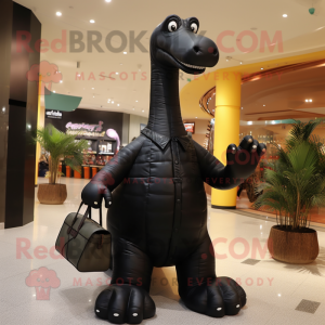 Black Brachiosaurus mascot costume character dressed with a Coat and Messenger bags