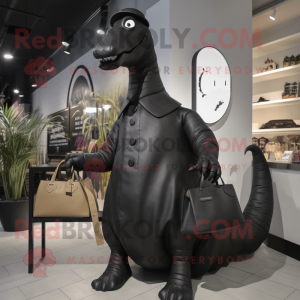 Black Brachiosaurus mascot costume character dressed with a Coat and Messenger bags