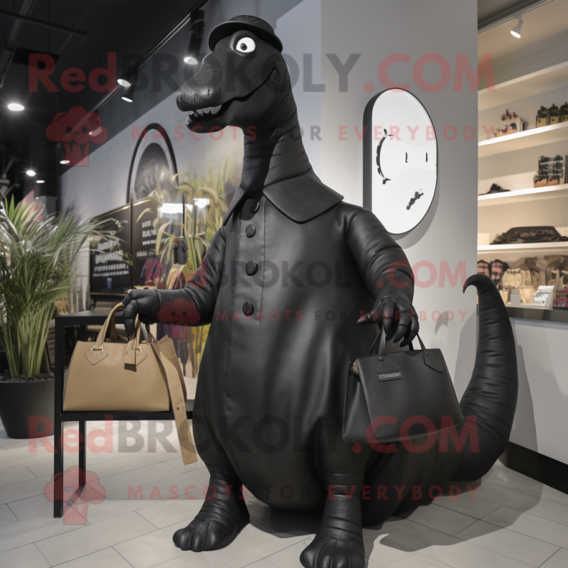 Black Brachiosaurus mascot costume character dressed with a Coat and Messenger bags Black Brachiosaurus mascot costume character dressed with a Coat and Messenger bags