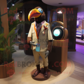 Brown Toucan mascot costume character dressed with a Suit and Digital watches