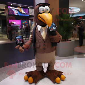 Brown Toucan mascot costume character dressed with a Suit and Digital watches