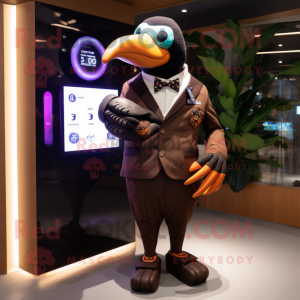Brown Toucan mascot costume character dressed with a Suit and Digital watches