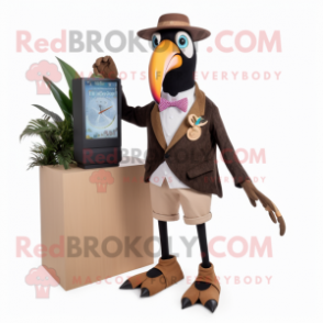 Brown Toucan mascot costume character dressed with a Suit and Digital watches