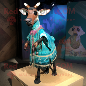 Teal Okapi mascot costume character dressed with a Dress and Shawls