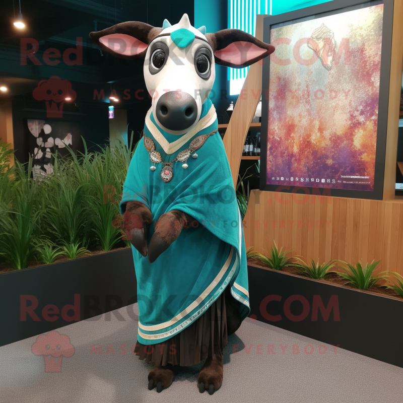 Teal Okapi mascot costume character dressed with a Dress and Shawls Teal Okapi mascot costume character dressed with a Dress and Shawls